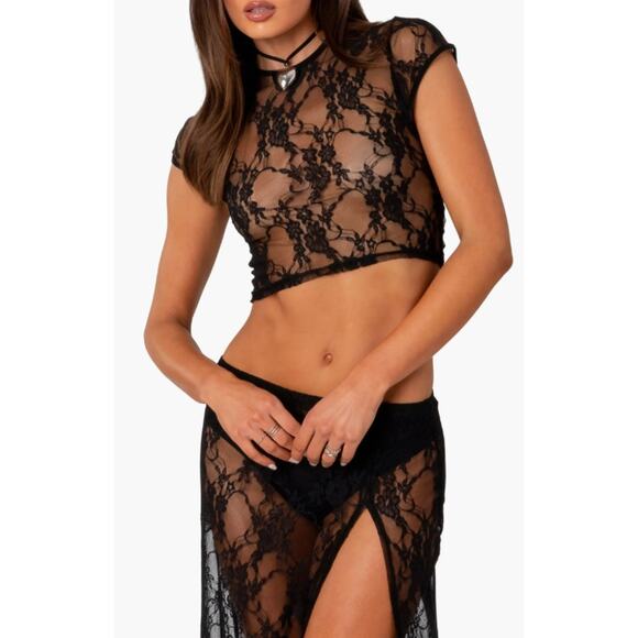 Edikted Aura Sheer Lace Open Back Crop Top - Picture 1 of 4